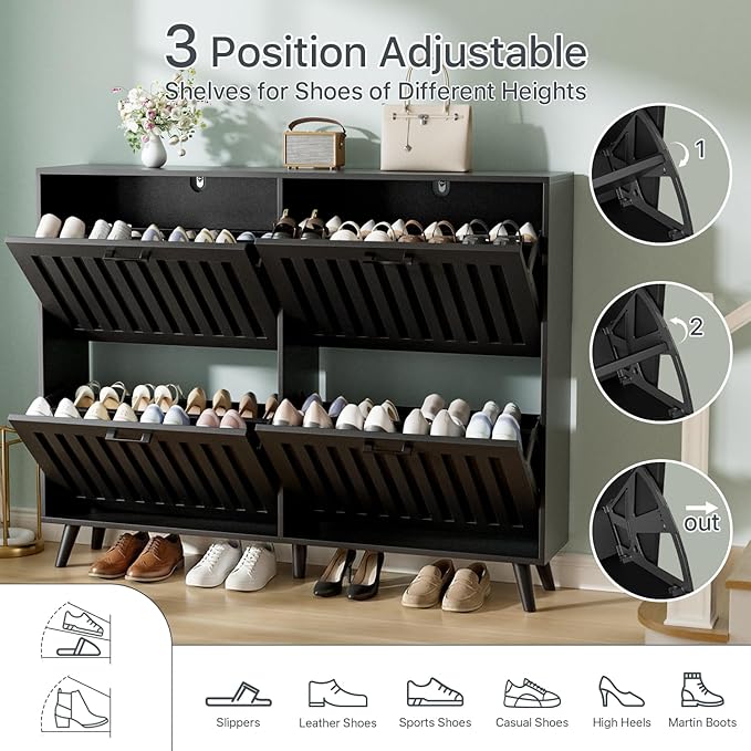 Shoe Storage Cabinet with 4 Flip Drawers, Modern Freestanding Organizer with Adjustable Shelf, Narrow Shoe Rack Cabinet for Entryway, Black