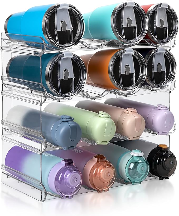 spospo Water Bottle Organizer 4 Tier Large Compartment Water Bottle Holder | Clear Water Bottle Organizer for Cabinet, Bottle Rack for Kitchen Organization and Storage - Hold 16 Bottles