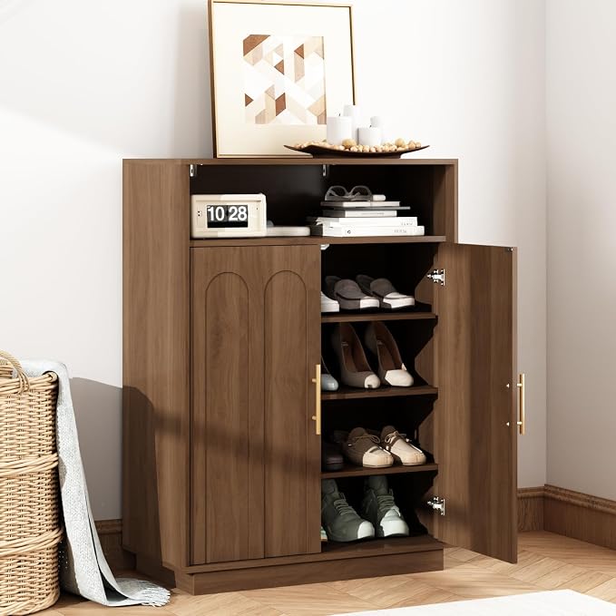 Shoe Cabinet with Arched Doors, 43" Hidden Shoe Storage, Walnut | Tall Large, Adjustable Shelves, 5-Tier Mid Century Modern Shoe Rack Organizer, for Entryway Hallway Living Room