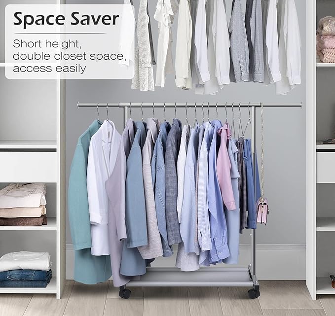 MISSLO Short Clothing Racks for Hanging Clothes with Bottom Shelves and Wheels Heavy Duty Rolling Clothes Rack Kids Clothing Rack for Adult Coat, Closet, Wardrobe