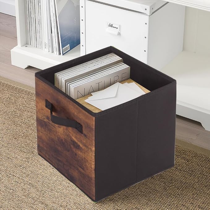 PowerKing Collapsible Storage Cubes, Farbic Storage Bins, Wood, 2 Pack | Sturdy, Lightweight, Easy Pull Handle, Closet & Shelf Organizer, Clothes and Toys Storage, 10.5'' x 11'' x 10.5''