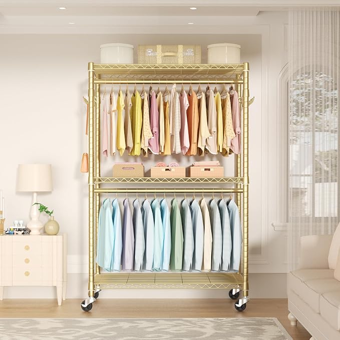 FUTASSI P1 Plus Rolling Clothes Rack, 22mm Diameter Heavy Duty Garment Rack | Clothing Rack with Wheels, Portable Closets with Shelves and Hanger Rods, 45"W x 17.7"D x 80.5"H, Load 524lbs, Gold