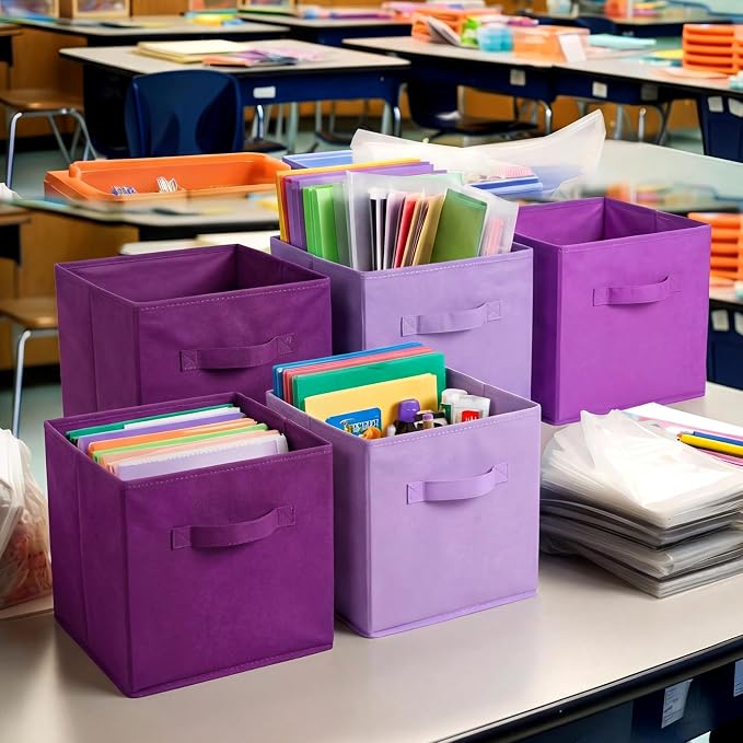 Karenhi 11" x 10.5" x 10.5" Purple Storage Cube, 6 Pack Fabric Cube Storage Bins Organizer Box, Collapsible Baskets with Handles Foldable Shelf for Cloth Toys Home Room Closet, Pack of 6