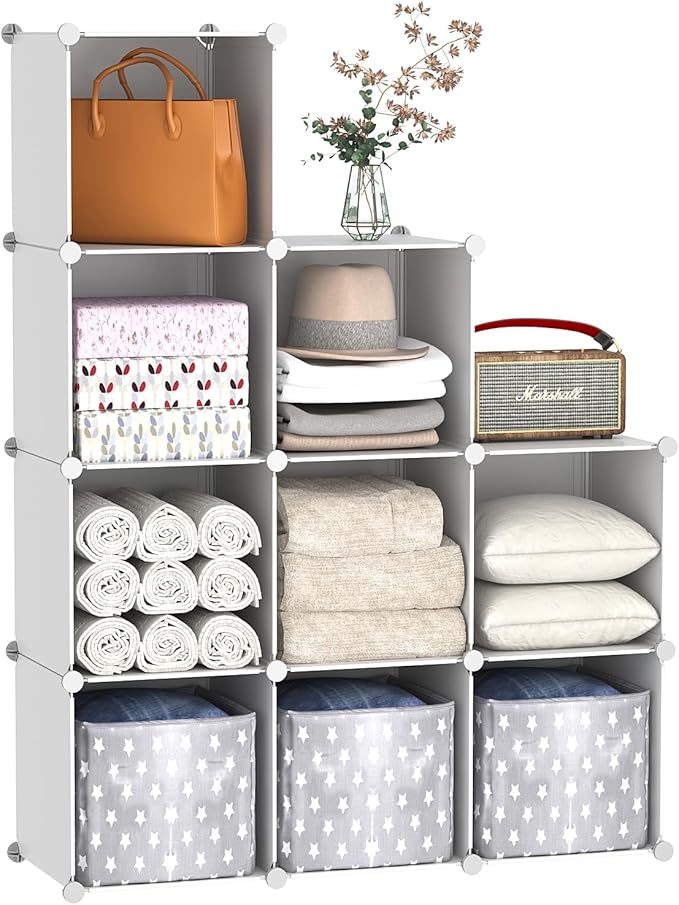 C&AHOME Cube Storage Organizer, 9-Cube Bookcase, Closet Cabinet Milky | DIY Stackable Bookshelf, Plastic Modular Shelving Units Ideal for Home, Office, Kids Room, 36.6" L x 12.4" W x 48.4" H