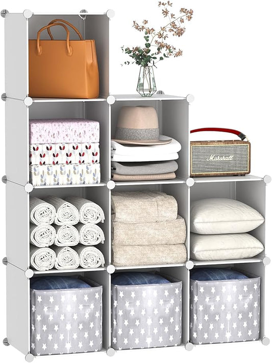 C&AHOME Cube Storage Organizer, 9-Cube Bookcase, Closet Cabinet Milky | DIY Stackable Bookshelf, Plastic Modular Shelving Units Ideal for Home, Office, Kids Room, 36.6" L x 12.4" W x 48.4" H