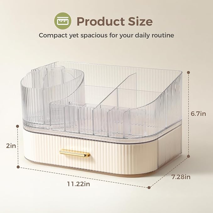 Delamu Rotating Makeup Organizer countertop, Brush Holder for Vanity, White | Stackable Drawer Makeup Storage for Skincare, Lipstick, Brushes & Perfume, Fits Dresser & Bathroom Countertop, Gift for Women