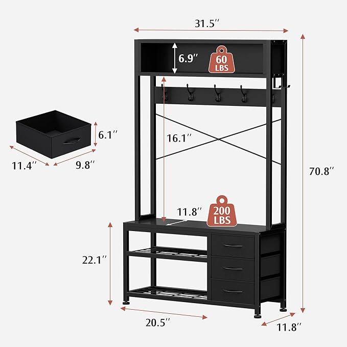 Hall Tree with Bench and 3 Drawers Storage, 31.5" Coat Rack Freestanding | Black, 6-in-1, Top Cubby, 12 Coat Hooks, Adjustable Shoe Rack, Sturdy Metal Frame, Entryway Organizer