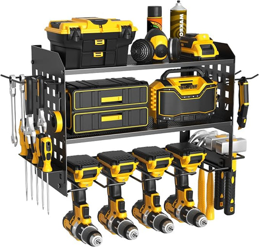 SUNALLY Power Tool Organizer, Wall Mount Garage Tools Storage Rack, Black | Metal Tool Storage Rack with 4 Drill Holders, Heavy Duty Power Tool Shelf for Garage,Warehouse,Workshop, Gift for Men,Husband