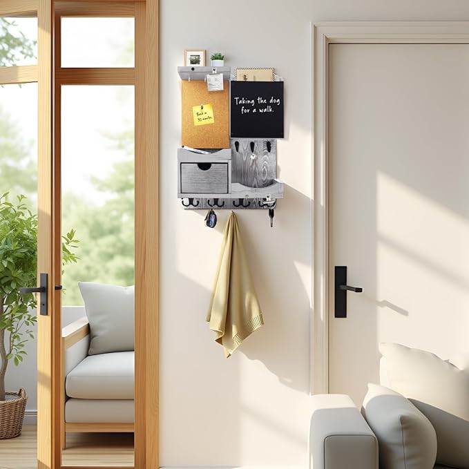 Key Holder Wall Mount， Mail Organizer Key Holder for Wall with Shelf, Drawer, Chalkboard, Corkboard, Home Decor Wall Mounted for Room Entryway(Grey)