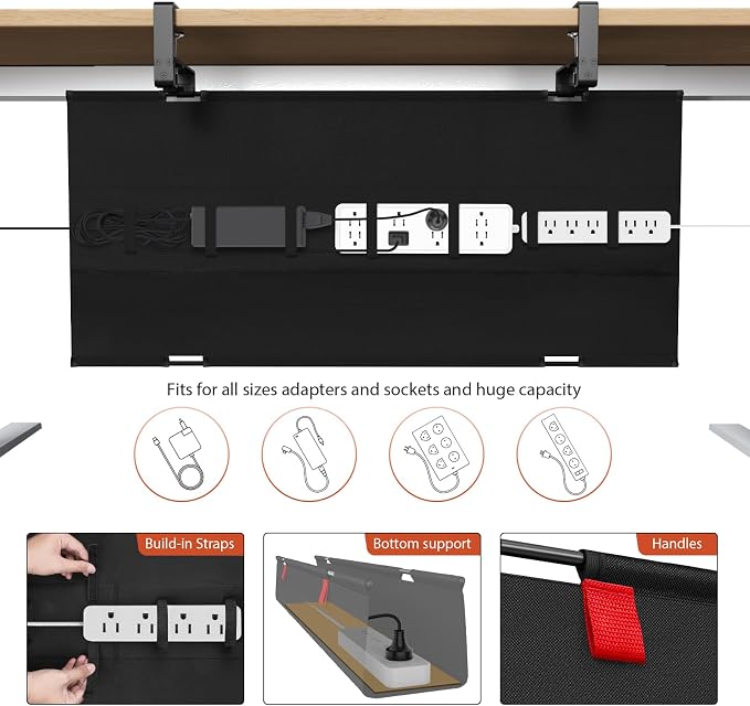 Univivi No Drill Under Desk Cable Management Tray, 36 inch Cable Management | Clamp/Screw Mount Desk Cable Management, Premium Fabric Cable Management Tray, Large Capacity Cord Organizer for Office, Home