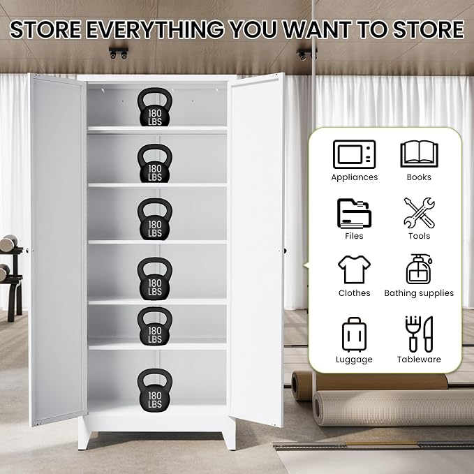 AQY 75" Pantry Cabinet, White Freestanding Storage Cabinet with 5 Adjustable Shelves, Metal Pantry Cupboard with Ventilation Design & Hanging Hooks, 2-Door Kitchen Organizer for Living Room Kitchen