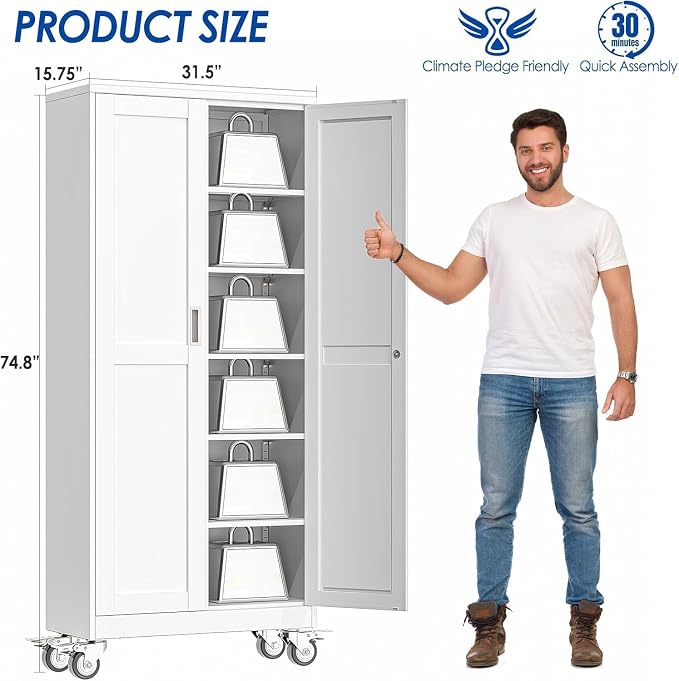 GAIOUS Metal Garage Storage Cabinet with Lock, Steel Tool Cabinet with 2 Doors and 5 Adjustable Shelves, 75” Tall Lockable File Cabinet with Wheels, Organization for Home Office Garage Gym - White