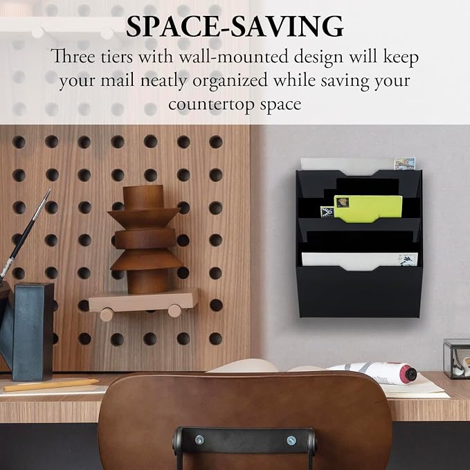 MyGift Wall Mounted 3 Tier Black Acrylic Letter Rack Mail Organizer, Office and Entryway Bills Postcards Brochure Holder Vertical Storage Rack