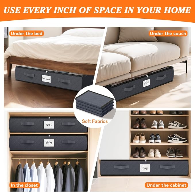 90L Under Bed Storage Containers, Storage Bags, Organizers, 8-Pack, Gray | Foldable, Soft Fabric, Closet Organizers, Reinforced Handle, Label Holder, Clear Window, for Comforters, Clothing, Blankets