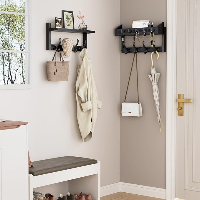 Evermagin 35" Coat Rack Wall Mount with Shelf for Entryway, Black | Wall Mounted Coat and Key Rack with Hooks, Key Holder with Mail Organizer for Wall, Living Room, Mudroom, Bedroom