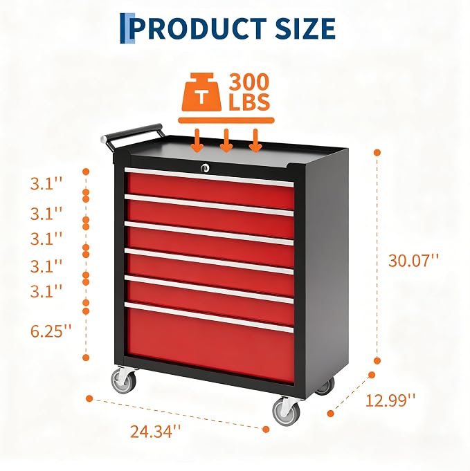 Garvee Rolling Tool Chest, 6 Drawers Tool Storage Cabinet, Toolbox with Wheels, Portable Tool Cabinet Organizer with Locking System & Drawer Liners, Tool Storage Cart for Garage, Workshop, Black＆Red