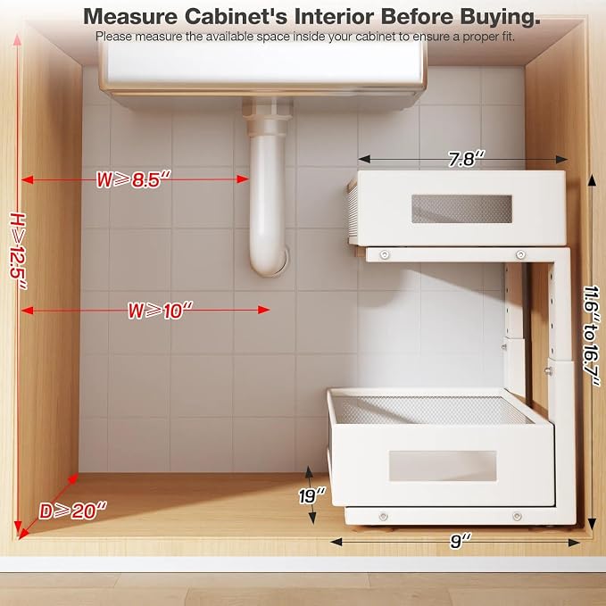 2 Packs 19IN Depth Under Sink Organizer, 2-Tier Pull Out Cabinet Organizer With Smooth Circular Rail, Large Capacity Metal Mesh Sliding Drawers For Bathroom& Kitchen Storage,Height Adjustable –White