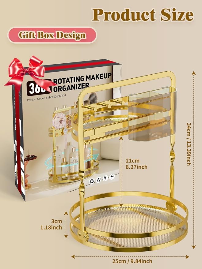 360° Rotating Makeup Organizer for Vanity, Gold Bathroom Organizer | 2-Tier Perfume Organizer with Makeup Brush Holder & Jewelry Hooks,Spinning Counter Shelf Storage for Perfume Skincare Dresser
