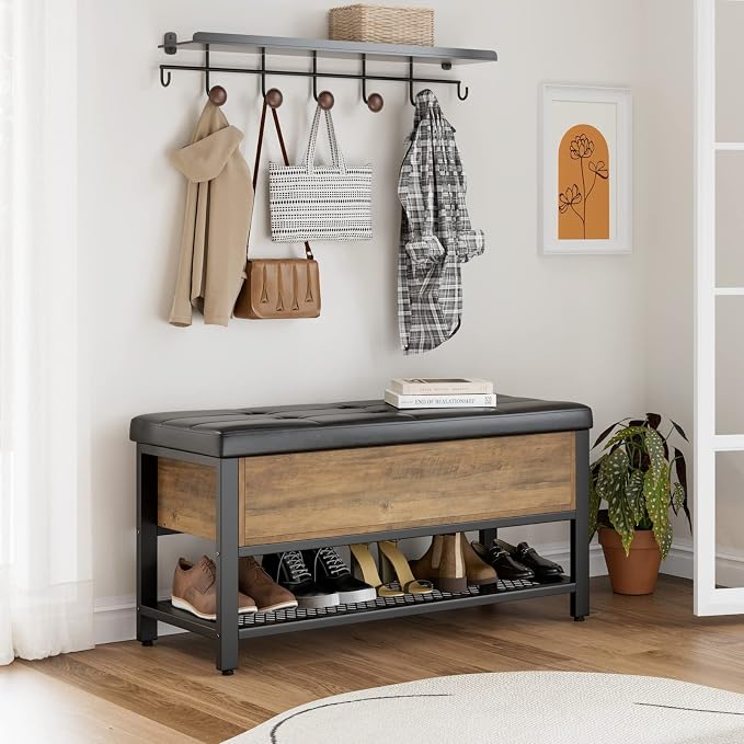 HOSTACK 40" W Storage Bench, Entryway Shoe Bench with Cushion, Rustic Brown | Wood Metal Bench with Flip-Open Hidden Storage, Ottoman Bench with Padded Seat & Shoe Rack for Hallway, Bedroom, Living Room