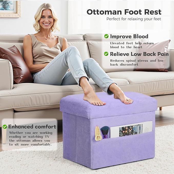 Small Ottoman with Storage, Folding Soft Fur Storage Foot Rest Stool with Thicker Furry Padded Seat. Ottoman Bench for Bedroom Living Room, Holds Up to 300 lbs, 17x13x13IN (Purple)