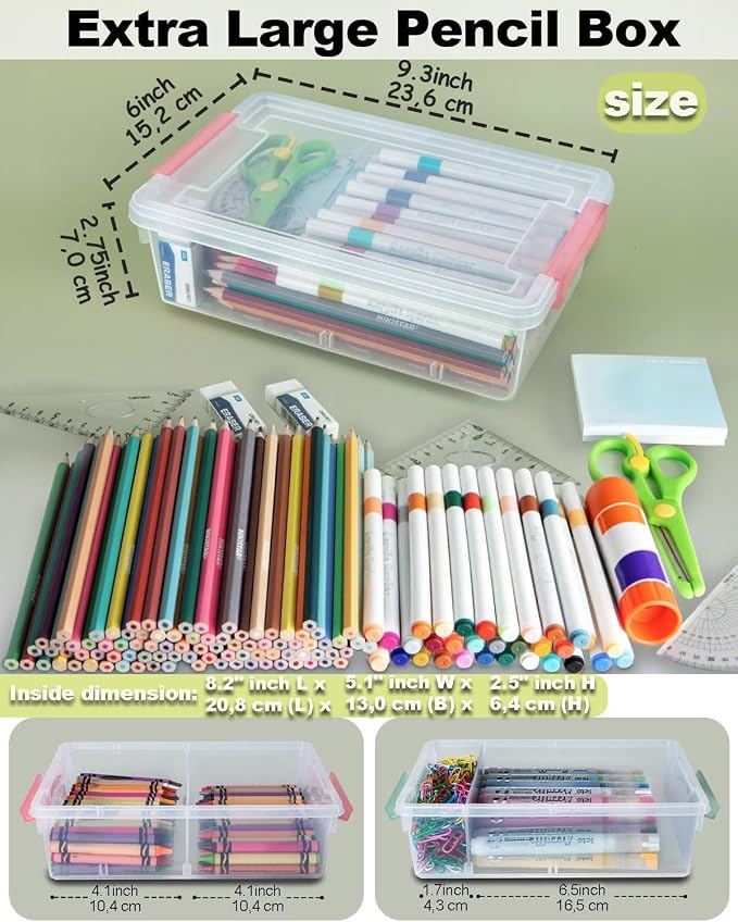 12 Pack Extra Large Pencil Box with Removable Divider, Thickened Pencil Case Bulk, Clear Crayon Marker Organizer Stackable Plastic Small Storage Containers for Pen Craft School Supplies, Multi