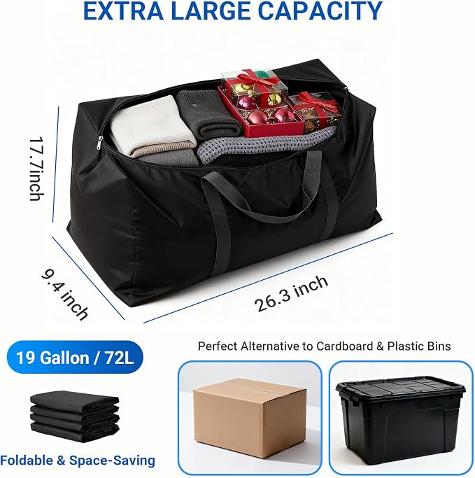 Extra Large Moving Bags, 4 Pack Black Oversized Storage Totes with Strong Zipper & Reinforced Full Loop Handles, Collapsible Storage Bags for Space Saving, for King/Queen Comforter, Blankets & Clothes