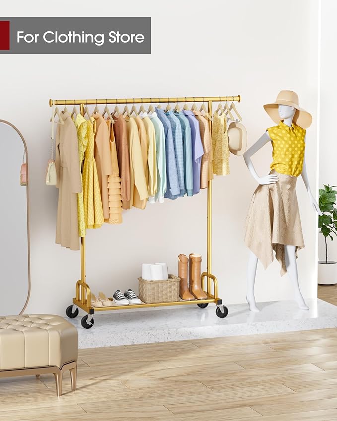 Sakugi Clothes Rack - Large-Capacity Clothing Racks for Hanging Clothes with Lockable Wheels, Space-Saving Metal Coat Rack for Bedroom, Laundry Room, Entryway, 45.6" x 16.9" x 59", Gold