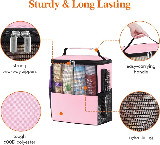 Lifewit Mesh Shower Caddy Bag Portable for College Dorm Room Essentials, Hanging Organizer Basket, Quick Dry Tote Bag for Camping, Bathroom, Beach, Travel, Large, Pink