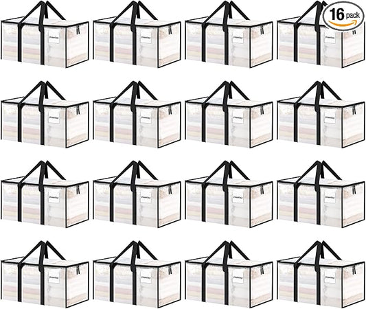 16 Pack Extra Large Clothes Storage Bins with Lids, Storage Bags with Reinforced Handles & Heavy-Duty Zippers, Moving Bags, Moving Boxes Totes for Clothes Packing, Dorms, College Supplies, Clear