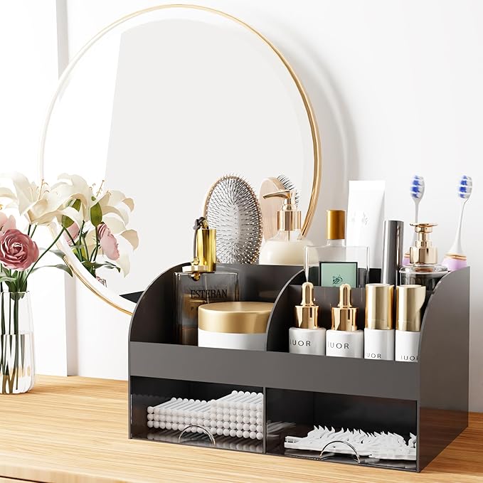 Makeup Organizer with Drawers, Cosmetic Storage for Dresser Vanity and Bathroom Countertop, Beauty Holder for Lipstick Brush, Skincare Organizer for Vanity, Cosmetic Display Case (Black-2Pack)