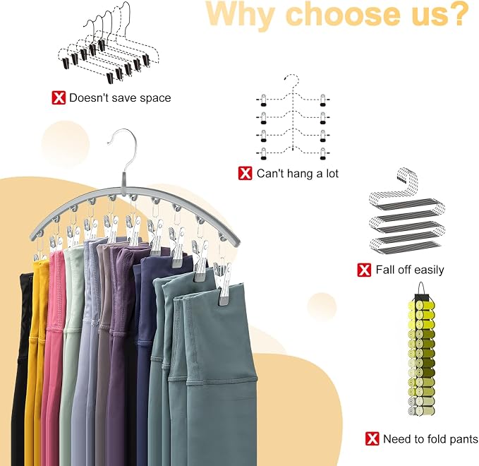 Volnamal Legging Organizer for Closet, Metal Yoga Pants Hanger w/Rubber Coated 1 Pack w/10 Clips Hold 10 Leggings, Hangers Space Saving Hanging Closet Organizer for Closet Organizers and Storage-Gray