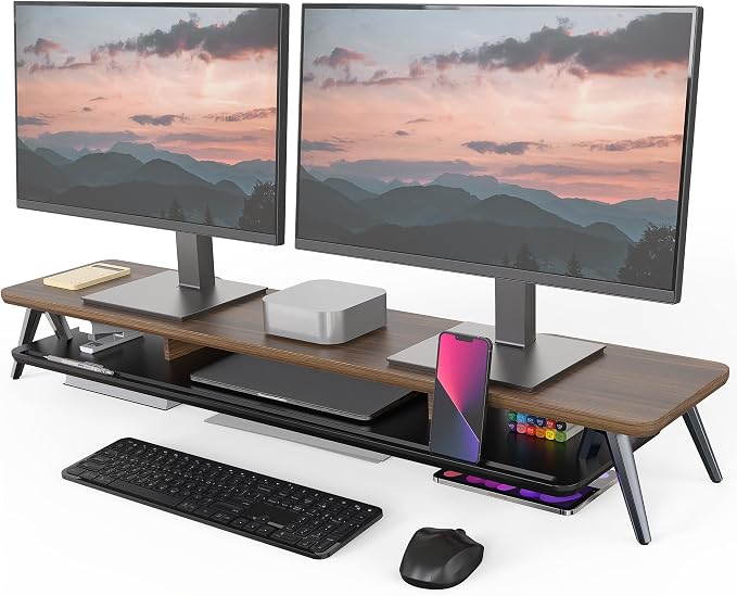 Fenge Dual Monitor Stand Riser, Wooden Desk Shelf with 2-Tier Storage | 42.5-Inch Wide, Sturdy Aluminum Legs, Built-In Phone & Tablet Slot, Desktop Organizer for Office Accessories