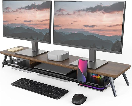 Fenge Dual Monitor Stand Riser, Wooden Desk Shelf with 2-Tier Storage | 42.5-Inch Wide, Sturdy Aluminum Legs, Built-In Phone & Tablet Slot, Desktop Organizer for Office Accessories