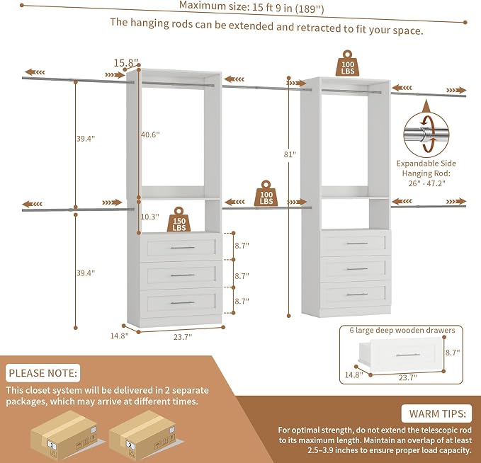 Westcity Closet System with 6 Drawers, 4FT-15FT 2-Piece Closet System, Walk in Closet Organizer System, Modular Closet System with 10 Adjustable Hanging Rods & Shelves, Closet Storage System, White