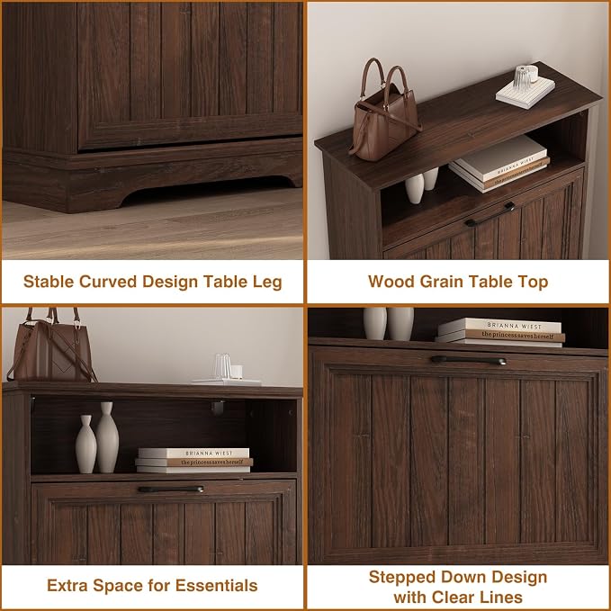 24" W Hidden Shoe Storage Cabinet with 2 Flip Drawers & Open Storage | Farmhouse Modern Shoes Rack Cabinet,Adjustable Shelves, Narrow Slim Shoes Organizer for Front Door Entrance, Entryway, Walnut