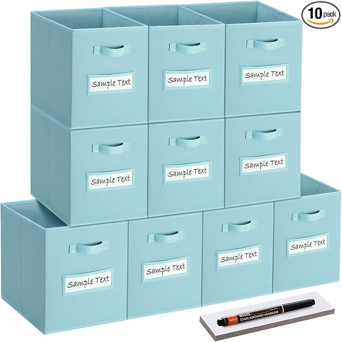 13x13 storage cube bins (Set of 10) Foldable Fabric storage cubes with 10 Labels Window Cards & a Pen,13 inch cube storage bins,Closet Organizers for Shelves,Cubby Organizer Boxes,Blue