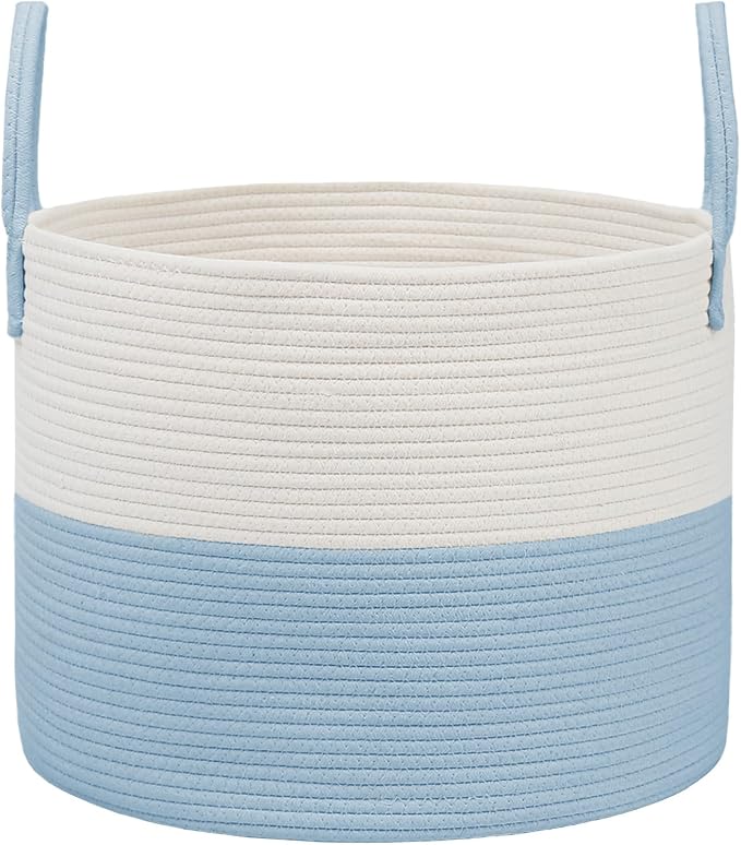 JMvicyroam 65L Extra Large Machine Washable Cotton Rope Blanket Basket | Collapsible laundry hamper, Reinforced handles, For blankets, pillows, toys and clothes, Living room and bedroom, White&Blue