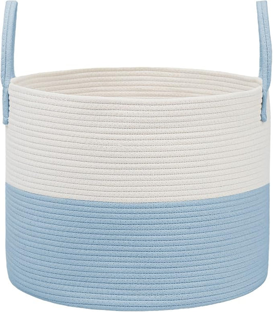 JMvicyroam 115L Extra Large Machine Washable Cotton Rope Blanket Basket | Collapsible laundry hamper, Reinforced handles, For blankets, pillows, toys and clothes, Living room and bedroom, White&Blue