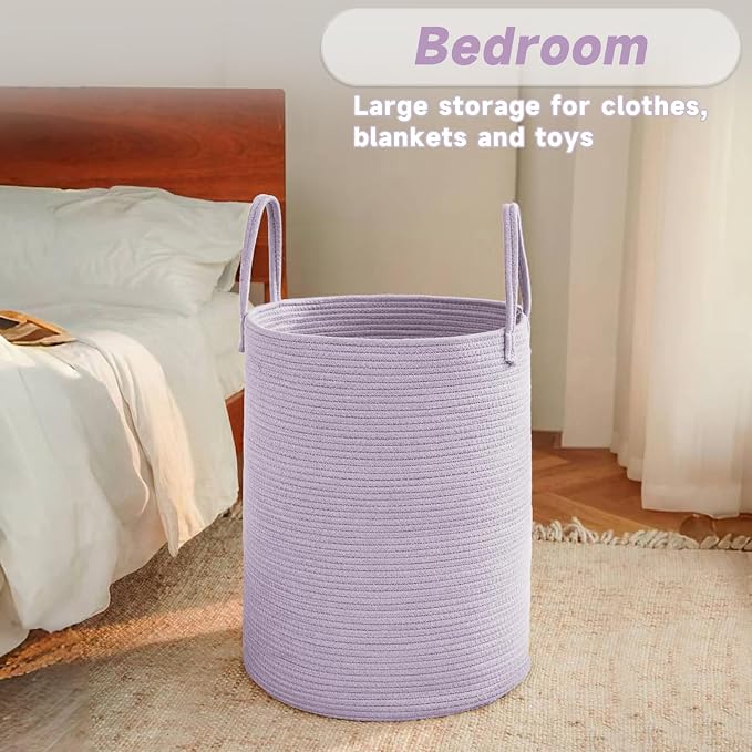 JMvicyroam 80L Cotton Rope Laundry Basket Hamper, Purple | Collapsible laundry basket, reinforced handles, freestanding, machine washable, holds 3-5 thick blankets, clothes or toys