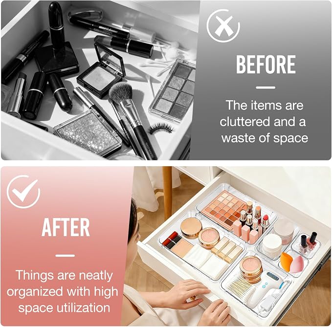 IAMGlobal 25PCS Expandable Drawer Organizer, 3-Size Adjustable Storage Bins | Acrylic, Clear, Transparent, Stackable, Expanding, No Assembly Required, Easy to Clean, for Makeup, Bathroom, Kitchen, Office