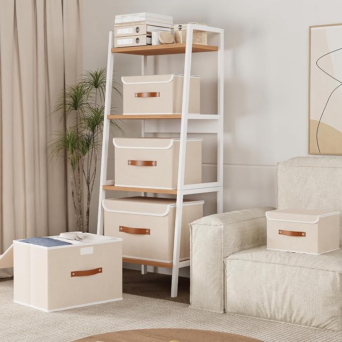 Yawinhe Collapsible Storage Boxes,Beige,10.2x7.9x6.7in,1-Pack | Fabric Storage bin with Lids, Washable Cube Organizer Basket; Container with Leather Handle,Closet Organizer for Home