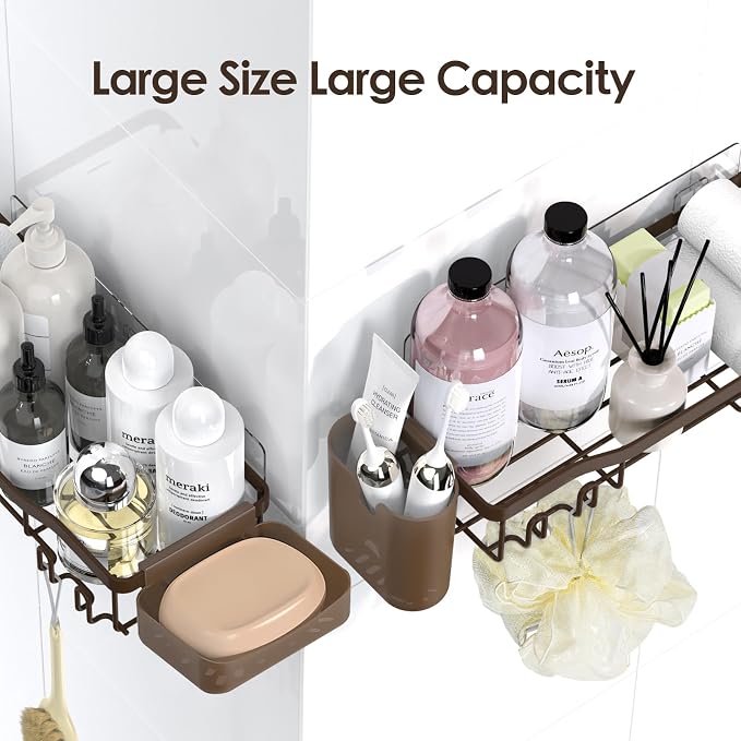 NESOMI Shower Caddy Adhesive Shower Organizer 8-Pack, Rustproof Stainless Steel Bathroom Shelves, Large Capacity No-Drill Rack Storage Accessories with Soap Dish Toothbrush Holder Hooks