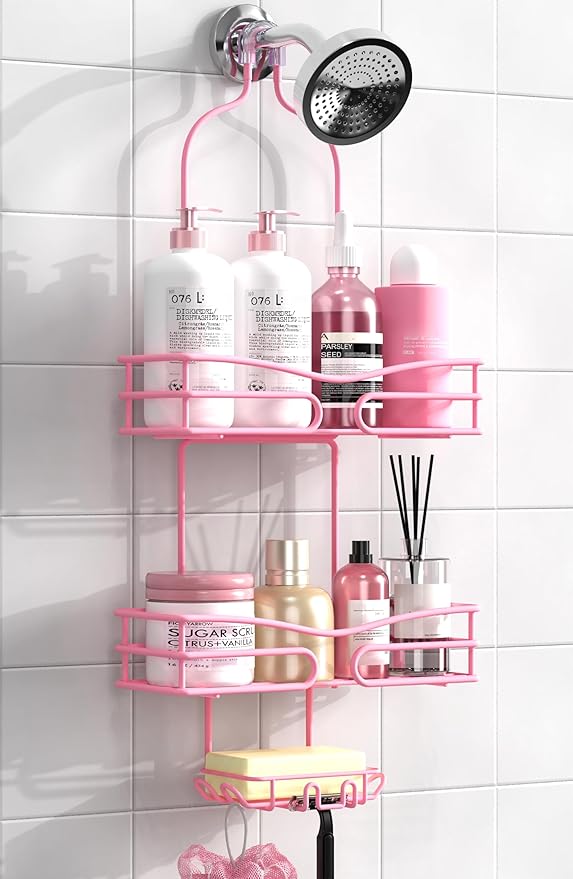 DAOYA Pink 3-Tier Over Head Shower Caddy with Soap Holder & 6 Hooks - Hanging Shower Caddy for Bathroom Organizer