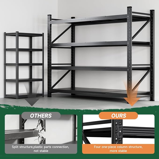 Letaya 71.3" W Metal Storage Shelves,5000LBS Heavy Duty Garage Shelving Units, 4 Tier Adjustable Utility Rack Shelf,Large Industrial Shelves,for Shop,Warehouse,Black (71.3" W x 24" D x 70" H)