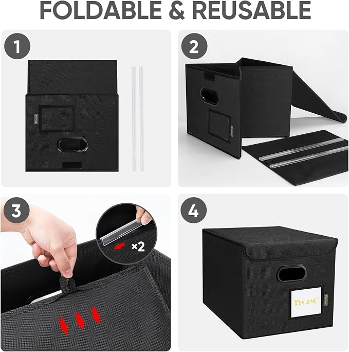 BALEINE File Organizer Box with Lid, Collapsible File Folder Organizer with Plastic Slide, Hanging File Folder Box for Office Document Storage (1 Pack, Black)