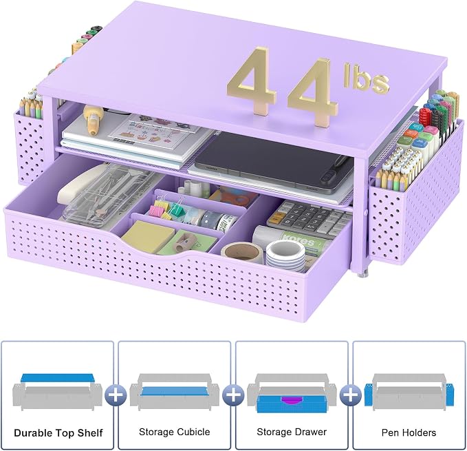 Spacrea Desk Organizer and Accessories, Computer Monitor Stand Riser with Drawer and 2 Pen Holders, Office Desk Accessories & Workspace Organizers for Office Supplies (Purple)