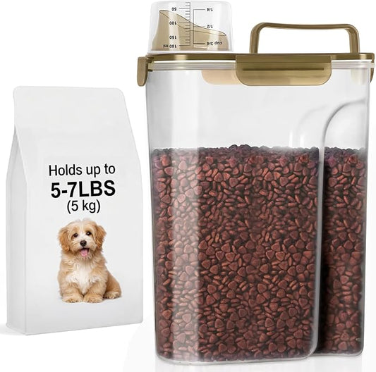 LEAWALK 5-7Lbs Dog Cat Food Storage Container with Upgraded Large Nozzle BPA-free, 4 Snap Seals Plastic Pet Food Storage Containers with Handles (Clear Brown, 5L-1pack)