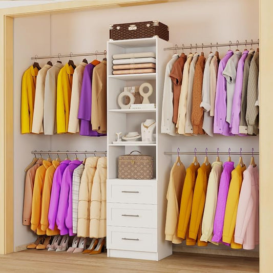 Closet Organizer System with Drawers, Wall Mounted 5FT-9FT White | 3 Wooden Storage Drawers, 4 Expandable Hanging Rods, 2 Adjustable Shelves,walk-in closet organizer,Wall Mount Walk In Tower
