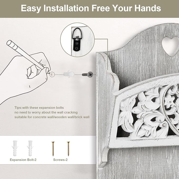 Key and Mail Holder for Wall, 2-Slot Mail Organizer Wall Mount 4 Key Hooks | Retro Hollowed-out Pattern Wooden Farmhouse Key Hangers Wall File Organizer Letter Sorter, Key Rack for Entryway Home Decor