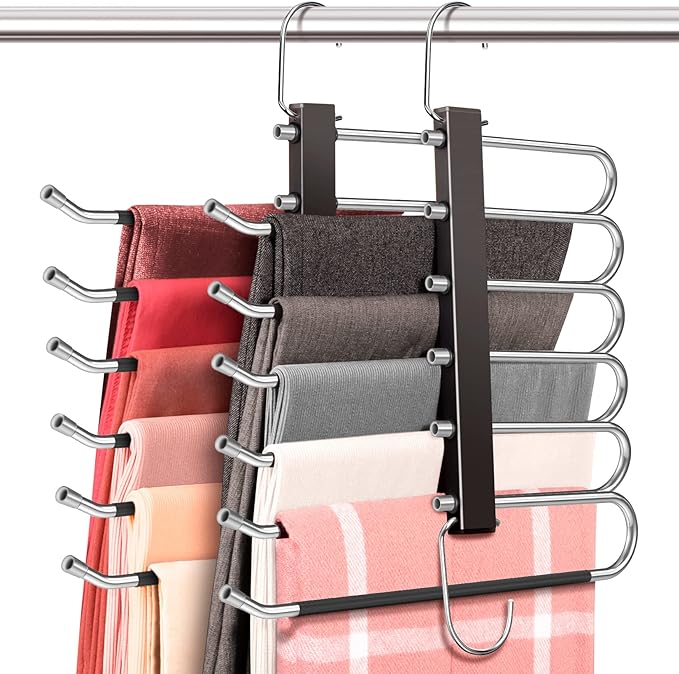 HUITEM Space Saving 6 Tier Pant Hangers, Anti-Slip, Stainless Steel, 2 Pack, Black
